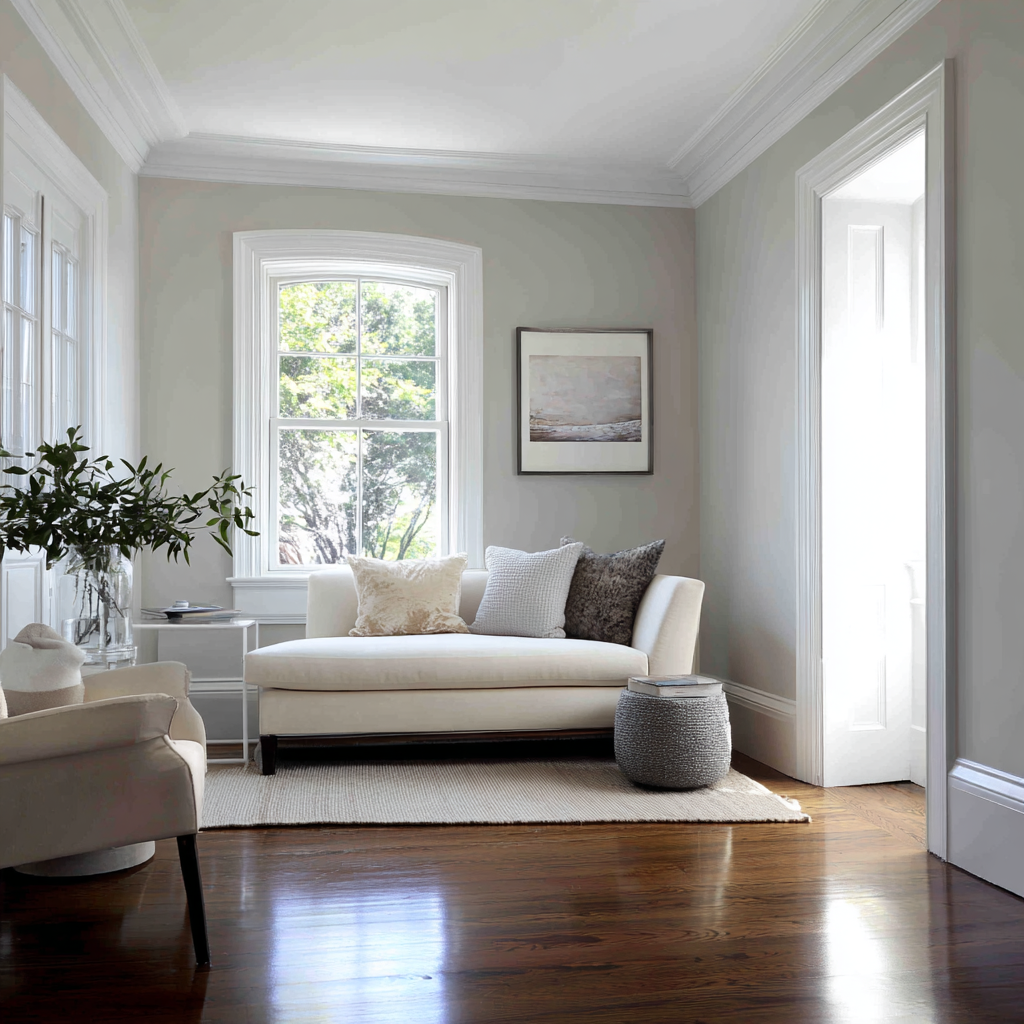 Warm, natural-toned living room refresh with crisp detailing